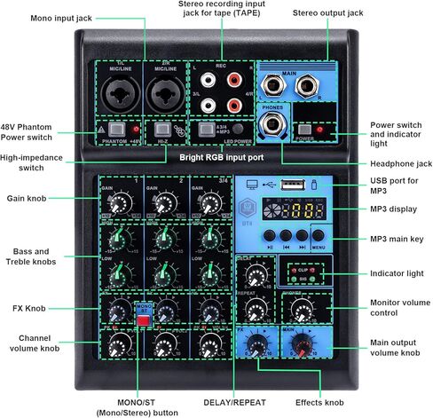 خلاط W IN-MIX الاحترافي ذو 4 قنوات مع بلوتوث وتسجيل USB وطاقة فانتوم 48 فولت - وحدة تحكم صوتية للاستوديو والبث المباشر للدي جي والكاريوكي والبث in Kuwait
