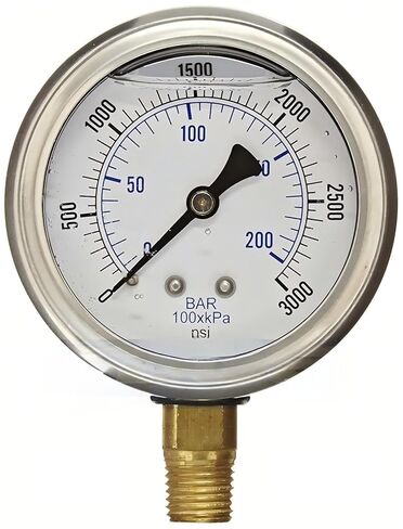 1/4" NPT Lower Mount Liquid Filled Pressure Gauge with 2.5" Dial - 0-3000 PSI - for Commercial or Industrial Hydraulic & Pneumatic Systems - Compressor Pressure Gauge Replacement in Saudi Arabia