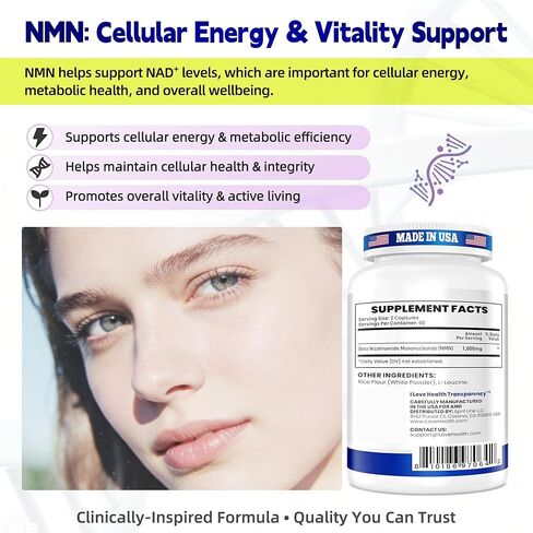 مكمل NMN 1000 ملغ لكل حصة، 99.9% أحادي نيوكليوتيد النيكوتيناميد النقي، NAD+ يدعم الطاقة الخلوية والشيخوخة الصحية للرجال والنساء، 60 كبسولة (كمية تكفي لمدة 30 يومًا)، تم اختباره من قبل طرف ثالث، cGMP in Kuwait