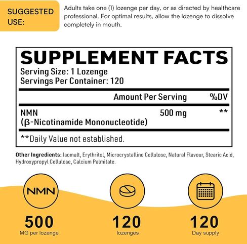 NMN 500 ملغ تحت اللسان، أقصى قدر من الامتصاص ومكمل NMN سريع المفعول (إمداد لمدة 120 يومًا)، 99% NMN نقي (أحادي نيوكليوتيد النيكوتيناميد) لـ NAD، الخلية، المناعة، الطاقة، العضلات، مكافحة الشيخوخة، طول العمر، 120 قرص استحلاب in Saudi Arabia