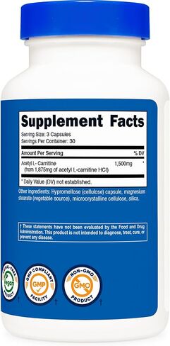 Nutricost Acetyl L-Carnitine (ALCAR) 1500 مجم (من 1875 من أسيتيل L-Carnitine HCl) لكل وجبة، 90 كبسولة لـ 30 حصة لكل زجاجة - نباتي، خالي من الكائنات المعدلة وراثيًا، خالي من الغلوتين in Saudi Arabia