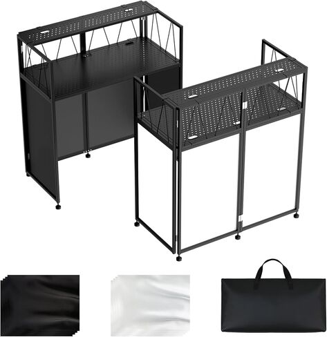 Portable DJ Table Stand, Tool-Free Setup Foldable 40" x 20" DJ Stand Booth w/ 2 Top Trays, Black & White Scrims, 4IN Adjustable Leveling Feet, 5 Cable Holes and Carry Bag, for Parties, Events, Studios in Kuwait