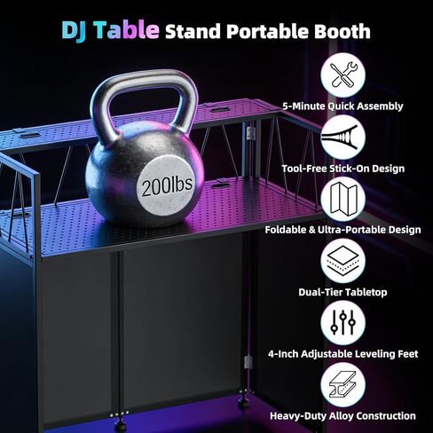 Portable DJ Table Stand, Tool-Free Setup Foldable 40" x 20" DJ Stand Booth w/ 2 Top Trays, Black & White Scrims, 4IN Adjustable Leveling Feet, 5 Cable Holes and Carry Bag, for Parties, Events, Studios in Kuwait