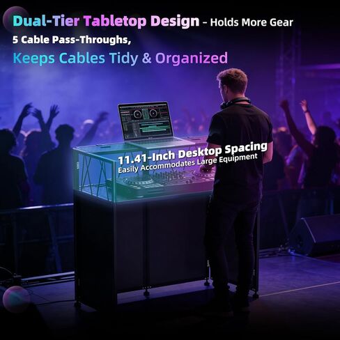 Portable DJ Table Stand, Tool-Free Setup Foldable 40" x 20" DJ Stand Booth w/ 2 Top Trays, Black & White Scrims, 4IN Adjustable Leveling Feet, 5 Cable Holes and Carry Bag, for Parties, Events, Studios in Kuwait