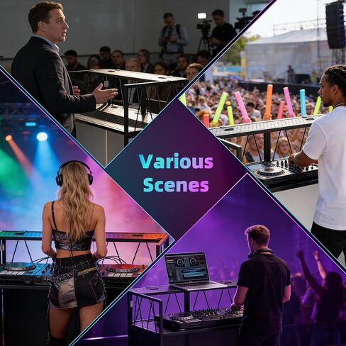 Portable DJ Table Stand, Tool-Free Setup Foldable 40" x 20" DJ Stand Booth w/ 2 Top Trays, Black & White Scrims, 4IN Adjustable Leveling Feet, 5 Cable Holes and Carry Bag, for Parties, Events, Studios in Kuwait