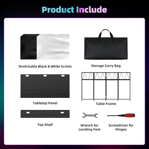 Portable DJ Table Stand, Tool-Free Setup Foldable 40" x 20" DJ Stand Booth w/ 2 Top Trays, Black & White Scrims, 4IN Adjustable Leveling Feet, 5 Cable Holes and Carry Bag, for Parties, Events, Studios in Kuwait