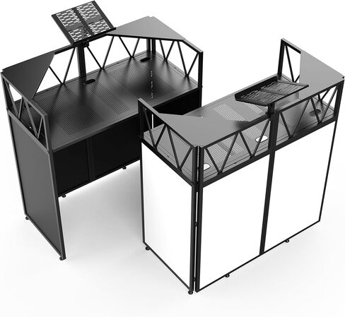 Foldable DJ Booth with Laptop Stand, DJ Table with Dual Corner Panels, Upgraded Metal Frame DJ Facade with Heavy-Duty Reinforced Desktop, DJ Stand for Parties, Black & White Scrims, Carry Bag in Kuwait