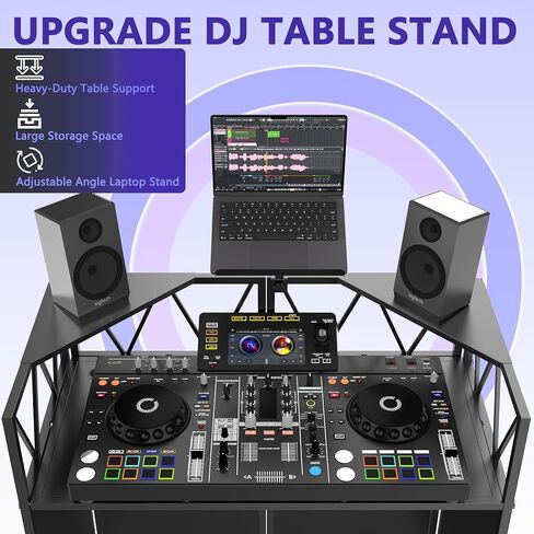 Foldable DJ Booth with Laptop Stand, DJ Table with Dual Corner Panels, Upgraded Metal Frame DJ Facade with Heavy-Duty Reinforced Desktop, DJ Stand for Parties, Black & White Scrims, Carry Bag in Kuwait
