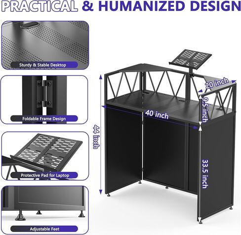 Foldable DJ Booth with Laptop Stand, DJ Table with Dual Corner Panels, Upgraded Metal Frame DJ Facade with Heavy-Duty Reinforced Desktop, DJ Stand for Parties, Black & White Scrims, Carry Bag in Kuwait
