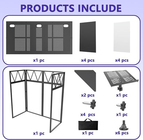 Foldable DJ Booth with Laptop Stand, DJ Table with Dual Corner Panels, Upgraded Metal Frame DJ Facade with Heavy-Duty Reinforced Desktop, DJ Stand for Parties, Black & White Scrims, Carry Bag in Kuwait