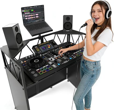 Foldable DJ Booth with Laptop Stand, DJ Table with Dual Corner Panels, Upgraded Metal Frame DJ Facade with Heavy-Duty Reinforced Desktop, DJ Stand for Parties, Black & White Scrims, Carry Bag in Kuwait