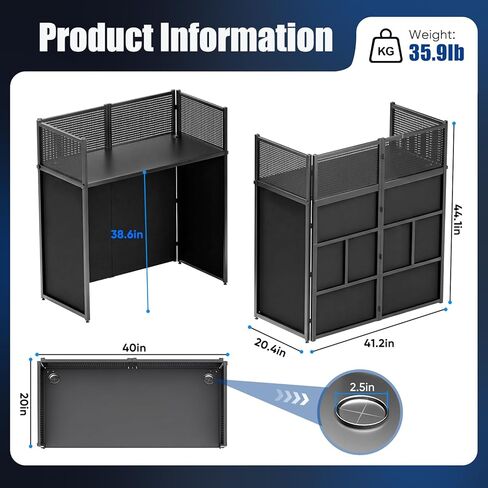 44 Inch DJ Booth, All-Metal Heavy Duty Portable DJ Stand with Tabletop, Foldable Facade Booth，DJ Controller Stand & Light Stand for Mobile DJ, Cable Holes & Carry Bag for Professional DJs in Kuwait