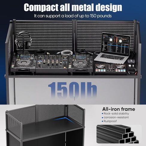 44 Inch DJ Booth, All-Metal Heavy Duty Portable DJ Stand with Tabletop, Foldable Facade Booth，DJ Controller Stand & Light Stand for Mobile DJ, Cable Holes & Carry Bag for Professional DJs in Kuwait