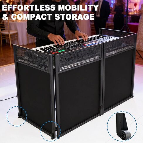 2026 Upgraded DJ Booth Stand Portable – 45"L x 25"W Foldable DJ Facade Booth with Dual Corner Panels, Wheels, Mobile DJ Controller Stand with Scrim & Carry Bag for Weddings, Parties & Events in Kuwait