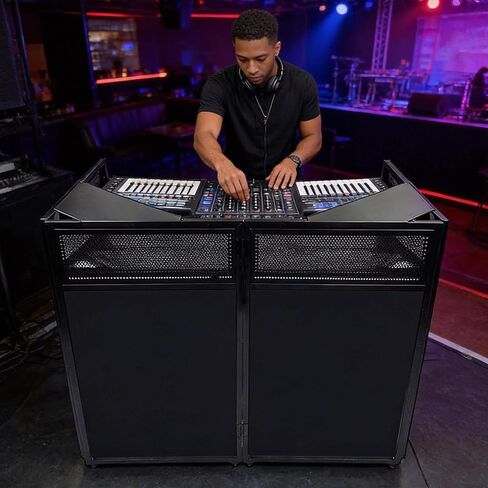 2026 Upgraded DJ Booth Stand Portable – 45"L x 25"W Foldable DJ Facade Booth with Dual Corner Panels, Wheels, Mobile DJ Controller Stand with Scrim & Carry Bag for Weddings, Parties & Events in Kuwait