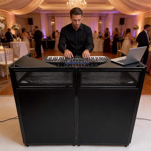 2026 Upgraded DJ Booth Stand Portable – 45"L x 25"W Foldable DJ Facade Booth with Dual Corner Panels, Wheels, Mobile DJ Controller Stand with Scrim & Carry Bag for Weddings, Parties & Events in Kuwait