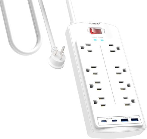 8-Outlet Surge Protector Power Strip, POWSAF 5Ft Flat Plug Extension Cord with 2 USB-C (PD 20W) Fast Charging Ports and 2 USB-A Ports for Home, Office, 2700 Joules, ETL, White in Kuwait