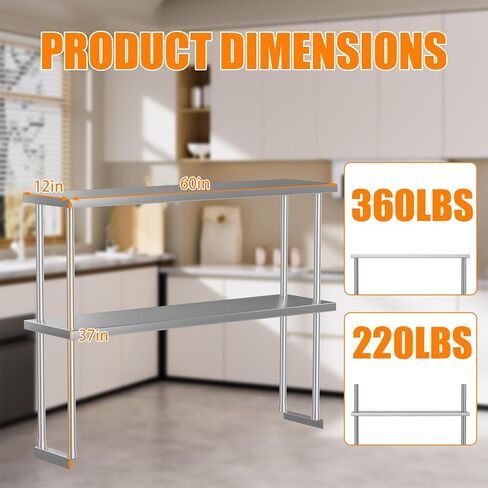 2-Tier Stainless Steel Overshelf for Work & Prep Table, 60" X 12" Commercial Adjustable Double Shelf, Heavy Duty Storage Rack for for Kitchen, Utility Room, Restaurant, Garage in Saudi Arabia