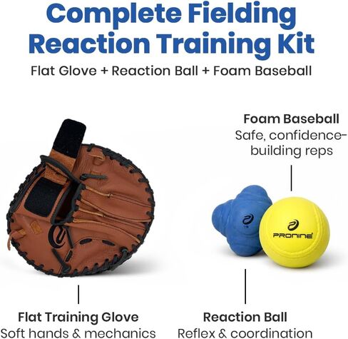 ProNine Sports Baseball Training Bundle – Flat Trainer Glove, Reaction Ball & Indoor Foam Baseball – Fielding Drills, Soft Hands & Hand-Eye Coordination Practice Equipment for Players & Coaches in Kuwait