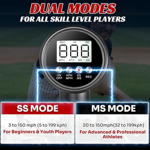 مسدس رادار بيسبول 24 جيجا هرتز مع شاشة LED + LCD مزدوجة، دقة ± 1 ميل في الساعة، أوضاع سرعة مزدوجة للرمي والتأرجح، أجهزة استشعار سرعة محمولة متعددة الرياضات، معدات تدريب رادار البيسبول لجميع اللاعبين in Kuwait