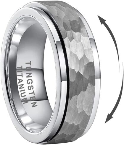 TUTISS 8mm Silver/Black/Gold Spinner Tungsten Titanium Fidget Rings for Men Women Anxiety Released Hammered Design Engagement Wedding Band Stepped Edges Comfort Fit in Kuwait