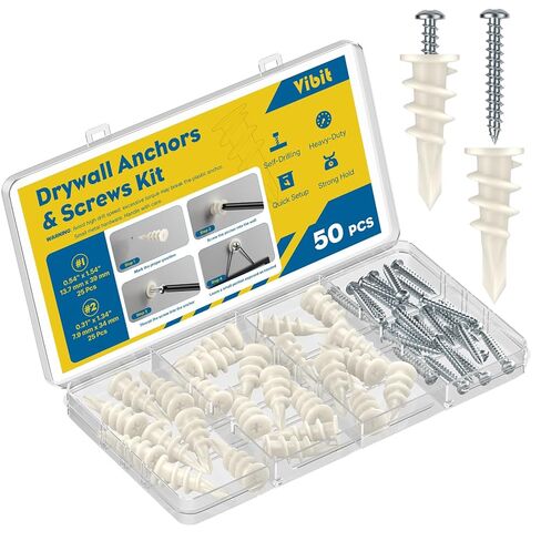 Vibit Self Drilling Drywall Anchors, Heavy Duty Wall Anchors for Drywall, Dry Wall Anchors and Screws Kit for up to 75 lbs, Plastic Sheetrock Anchors with #8 x 1 5/16" Screws, 50 Pcs in Kuwait