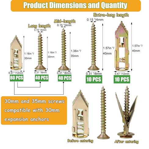 180 PCS Heavy Duty Self Drilling Drywall Anchors with Screws Kit - 2 Sizes Sheetrock Anchors & 3 Sizes Zinc Screws, No Drill Needed Wall Anchors for Drywall, for Pictures, Shelves, Curtain rods in Kuwait