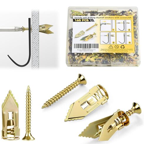 160PCS Upgraded Self Drilling Drywall Anchors with Screws Kit - 80 Corrosion-Resistant Zinc Winged Anchors + 80 Screws for Sheetrock/Gypsum Board/Hollow Walls, No Drill, Making Anchoring Easy in Saudi Arabia