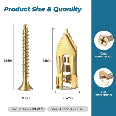 160PCS Upgraded Self Drilling Drywall Anchors with Screws Kit - 80 Corrosion-Resistant Zinc Winged Anchors + 80 Screws for Sheetrock/Gypsum Board/Hollow Walls, No Drill, Making Anchoring Easy in Saudi Arabia