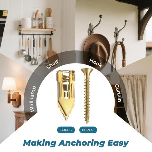 160PCS Upgraded Self Drilling Drywall Anchors with Screws Kit - 80 Corrosion-Resistant Zinc Winged Anchors + 80 Screws for Sheetrock/Gypsum Board/Hollow Walls, No Drill, Making Anchoring Easy in Saudi Arabia