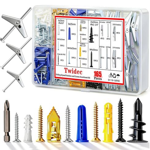 Twidec/Drilling Drywall Anchors and Screws Assortment Kit and Heavy Duty Toggle Bolts,8 Size Metal/Plastic Dry Wall Anchors 165PCS for Bedroom,Office Wall Art Decor,Brick and Cement Walls in Saudi Arabia