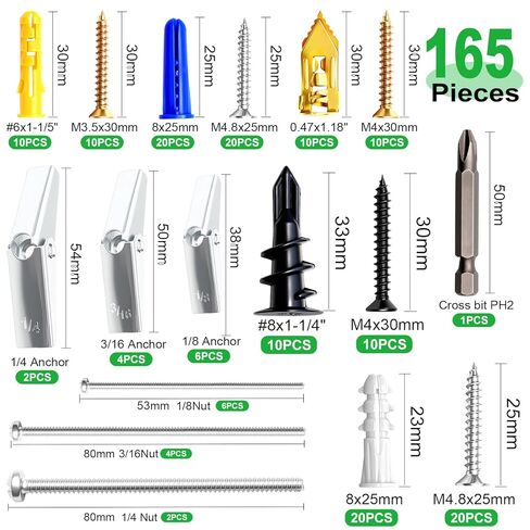 Twidec/Drilling Drywall Anchors and Screws Assortment Kit and Heavy Duty Toggle Bolts,8 Size Metal/Plastic Dry Wall Anchors 165PCS for Bedroom,Office Wall Art Decor,Brick and Cement Walls in Saudi Arabia