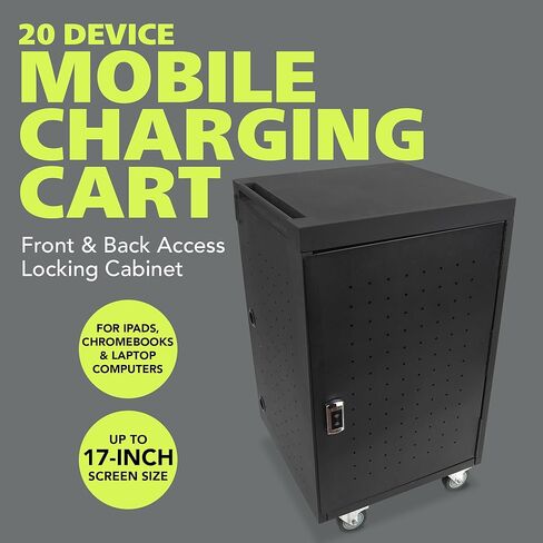 Pearington 20 Device Mobile Charging and Storage Cart for iPads, Chromebooks and Laptop Computers, Up To 17-Inch Screen Size, Surge Protection, Front & Back Access Locking Cabinet, Black in Kuwait