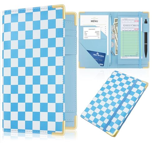 Large PU Leather Waitress Server Book, Retro Checkerboard Check Holder Organizer with Zipper Pockets, Pen Holder & Apron Loop in Saudi Arabia