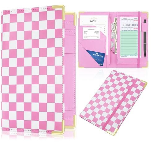 Large PU Leather Waitress Server Book, Retro Checkerboard Check Holder Organizer with Zipper Pockets, Pen Holder & Apron Loop in Kuwait