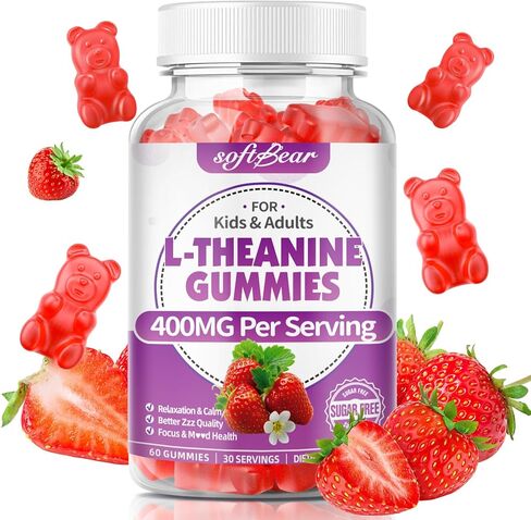 softbear L-Theanine 400mg Gummies for Kids & Adults, L Theanine Supplement with Ashwagandha, GABA, 5-HTP Supports Calm & Relax & Focus, Sugar-Free/Vegan/GMO-Free, Strawberry Flavor 60 Count in Saudi Arabia