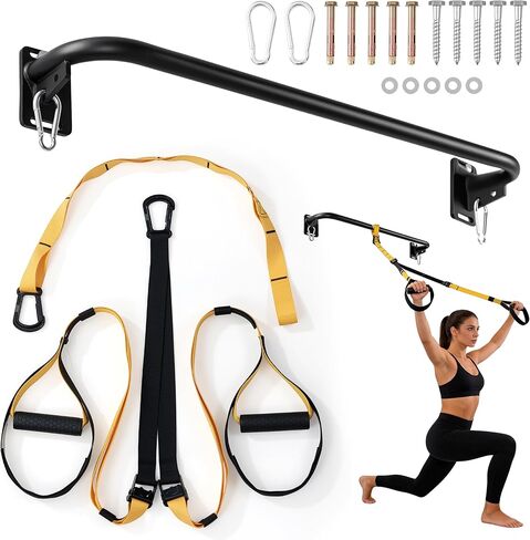 Heavy Duty Wall Mount Pull Up Bar with Adjustable Nylon Resistance Straps, Full Welded Reinforced Carbon Steel Bar for Indoor Outdoor Home Gym Full Body Strength Training in Kuwait
