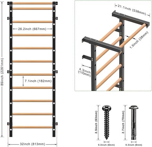 Swedish Stall Bars 2"x2" with 1" Holes, Wall Mounted Wood Gym Ladder for Suspension Training, Home Gym, Calisthenics, Physical Therapy, School & Clinic in Saudi Arabia