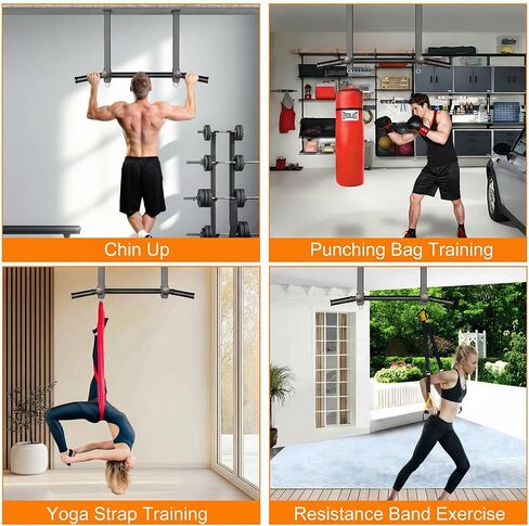 Pull Up Bar Ceiling Mount, 600LBS Heavy Duty Multi Grip Chin Up Bar, 16" Rafter PullUp Bar, Ceiling Beam for Gym/Garage/Basement with Ball Finger & Round Anchors, Easy to Install-Black in Kuwait