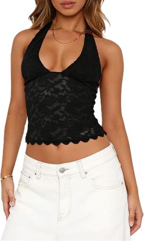 Lace Halter Going Out Tops for Women Sexy V Neck Sleeveless Backless Y2K Shirts Trendy 2025 Summer Cropped Tank Tops in Kuwait