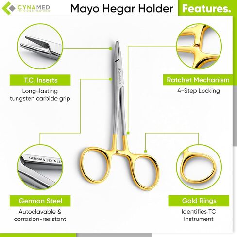 Cynamed TC Mayo Hegar Needle/Suture Holder Driver with Tungsten Carbide Inserts and Gold Rings - Premium Grade Instrument (5.5 in.) in Kuwait