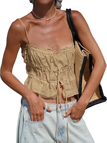 Tankaneo Womens Summer Tie Tie Bront Front Crops Cute Ruched Ruched Spaghetti Strap Tank Tops Y2K Out Out Out Therts in Saudi Arabia