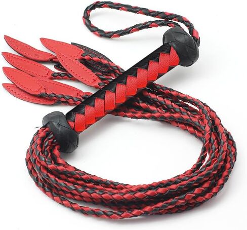 Handwoven Genuine Leather Cat-O'-Nine-Tails Whip | 60cm Total Length with Willow-Leaf Tail | 15cm Hangable Premium Equestrian Whip | Dual Use for Training & Collectors (Red Black) in Saudi Arabia
