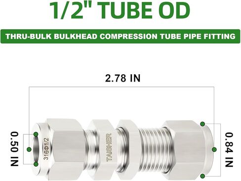 TAISHER 1PCS 316 Stainless Steel Thru-Bulk Bulkhead Compression Tube Pipe Fitting Connector, 1/2" Tube OD x 1/2" Tube OD Straight Adapter in Saudi Arabia