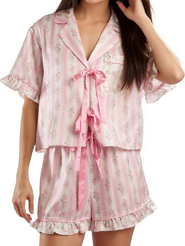 Womens Cute Bow Tie Front Pajamas Summer Y2k Floral Pjs 2 Piece Outfits Puff Sleeve Shirt Ruffle Lounge Shorts Sets in Saudi Arabia