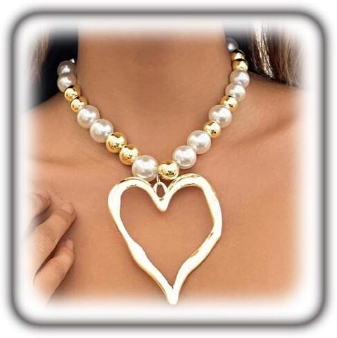 Y2k Large Heart Necklaces for Women Chunky Love Pearl Ball Beads Choker Necklaces Exaggerated Big Hollow Heart Pendant Necklace Statement Jewelry Gifts in Saudi Arabia