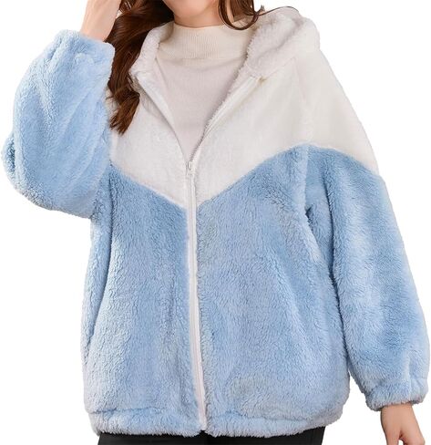 YMSHOPE Autumn/Winter Fleece-Lined Warm Jacket Unisex Patchwork Zipper Hoodie Soft Faux Fleece Casual Oversized Winter Wear in Kuwait