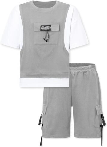 SANGTREE Boys Clothes Fake Two Piece Pullover Crewneck T Shirt + Cargo Shorts 2PCS Outfits Set, 3-12 Years in Kuwait