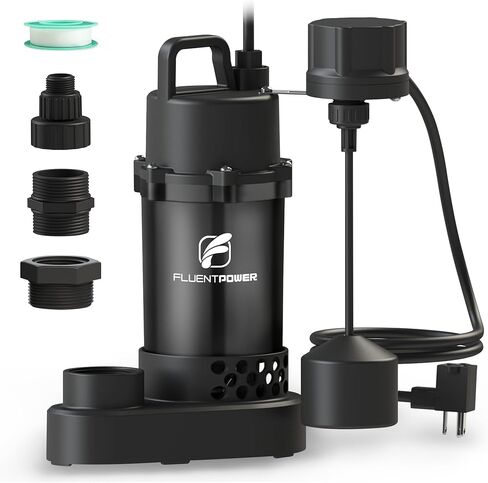 مضخة مستنقع غاطسة FLUENTPOWER 3/4HP 3500GPH، مع مفتاح تعويم عمودي على الظهر وسلك 10 بوصات، مضخة مياه الصرف الصحي المحمولة من الألومنيوم المصبوب الكهربائية لحوض السباحة في الطابق السفلي، حوض بركة، أسود in Kuwait