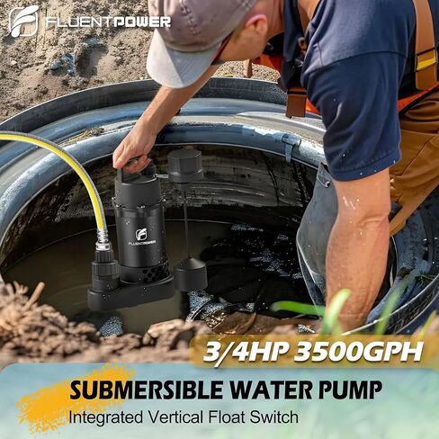 مضخة مستنقع غاطسة FLUENTPOWER 3/4HP 3500GPH، مع مفتاح تعويم عمودي على الظهر وسلك 10 بوصات، مضخة مياه الصرف الصحي المحمولة من الألومنيوم المصبوب الكهربائية لحوض السباحة في الطابق السفلي، حوض بركة، أسود in Kuwait